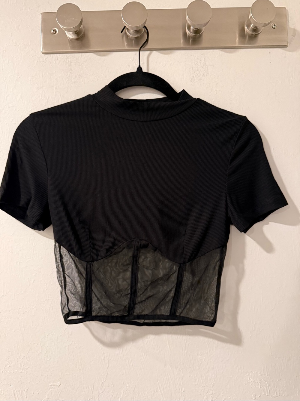 Black Ribbed Mesh Corset Crop Top Mock Neck Short Sleeve Edgy Y2K Goth